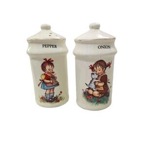 Vintage Ceramic J.S.N.Y Taiwan Spice Shakers Pepper & Onion "Hummel Style" Girls